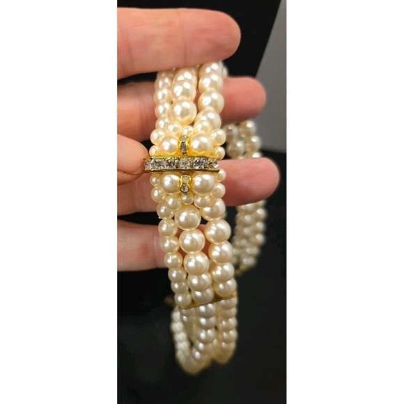 Vintage 3 Strand Faux Pearl Bridal Choker Goldtone & Rhinestone Accents 12"-16" - Picture 10 of 10
